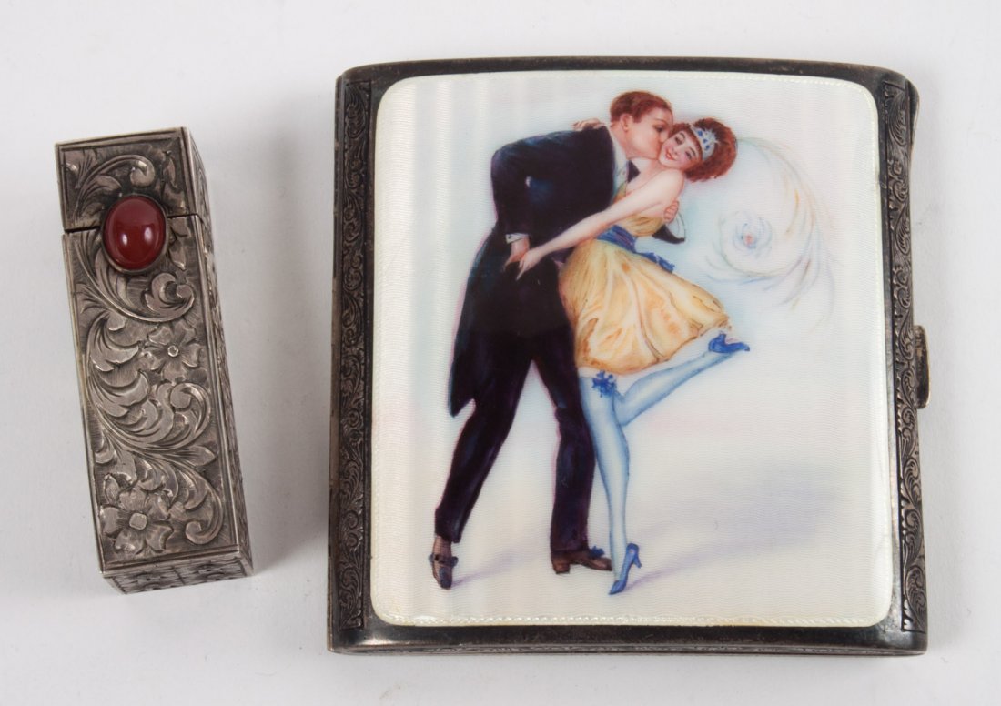 Continental enameled & guilloche silver cigarette: case, together with a German engraved silver lipstick case with cabochon closure, 4.90 ozt.