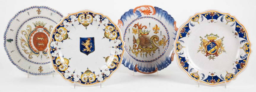 Four Rouen faience manner plates: 20th century; all with heraldic decoration, 9 in. Diam.