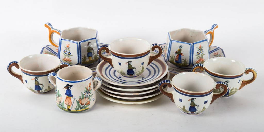 14 Henriot Quimper Faience Cups And Saucers