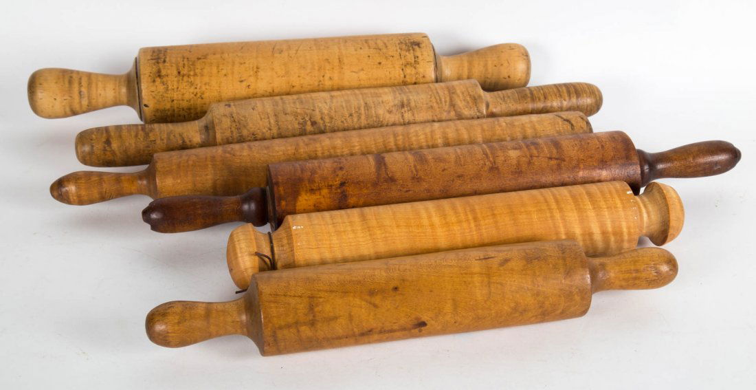 Six antique tiger maple and maple rolling pins (1 of 2)