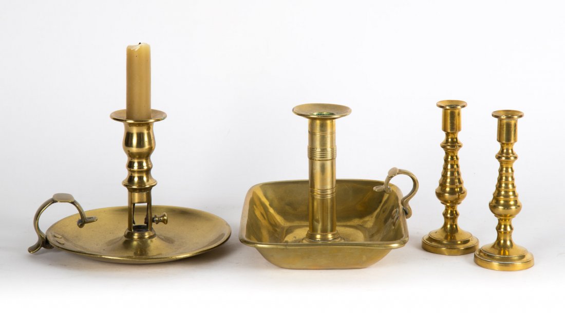 Four assorted antique brass candlesticks (1 of 3)