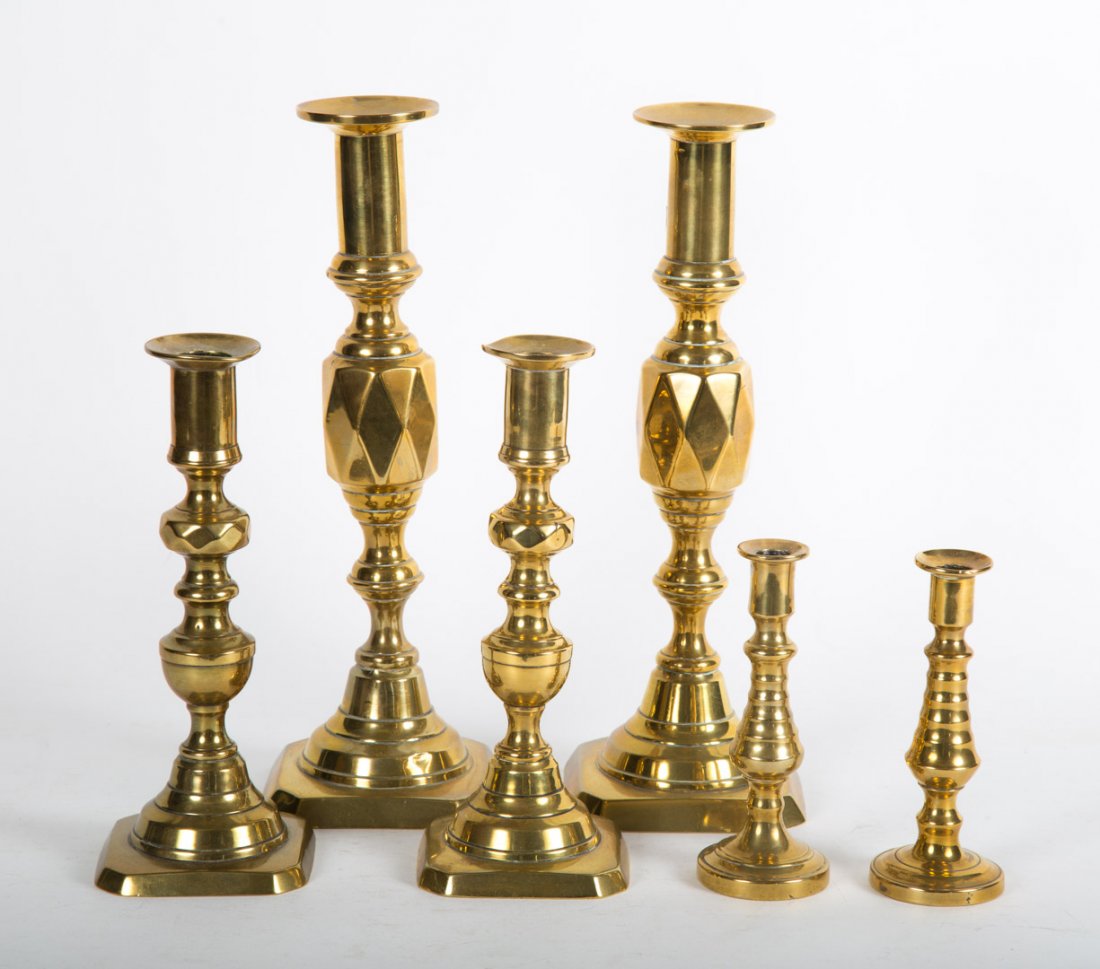 Three pairs of Victorian brass candlesticks (1 of 2)