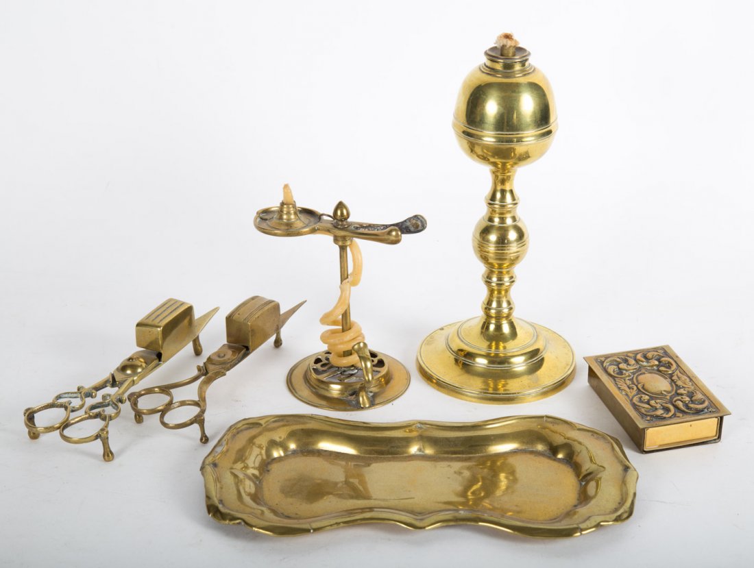 Sevev Victorian lighting articles: 19th century; including: whale oil lamp, wax-jack, , matchbook cover, and two wick snips with undertrays, 8 1/2 in. H. of tallest