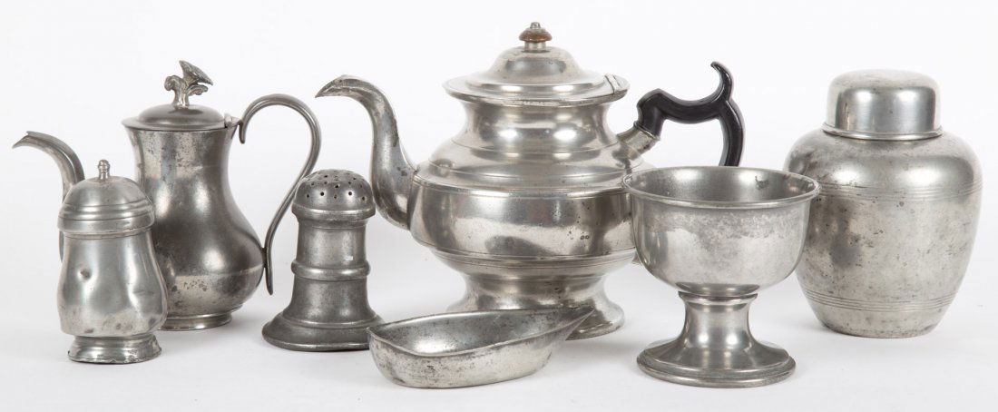 Seven Victorian and American pewter table items (1 of 6)