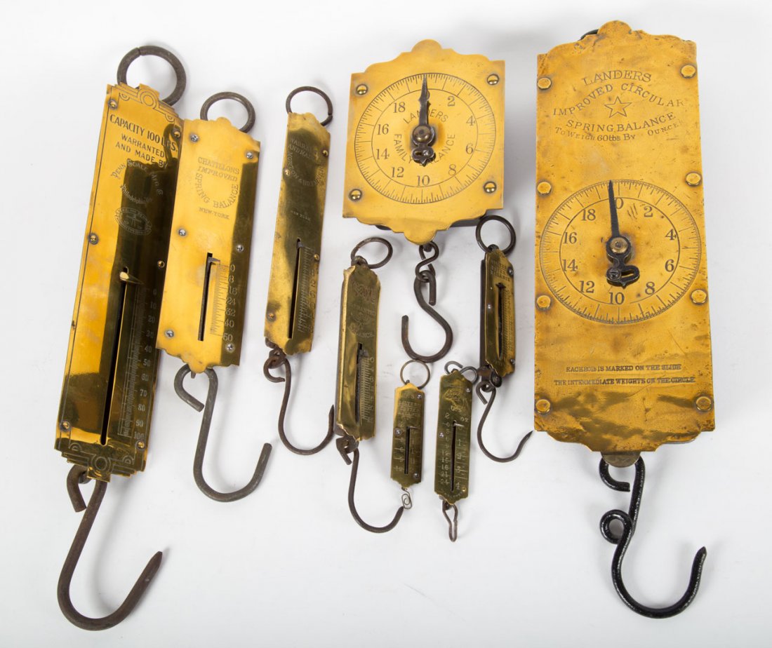 Nine brass and sheet iron hanging spring scales (1 of 4)