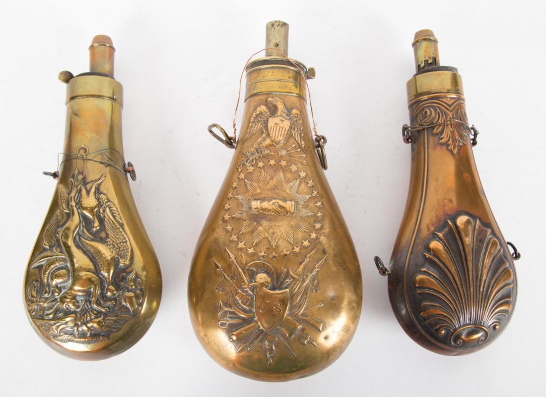 Two brass and copper and one brass powder horn (1 of 4)