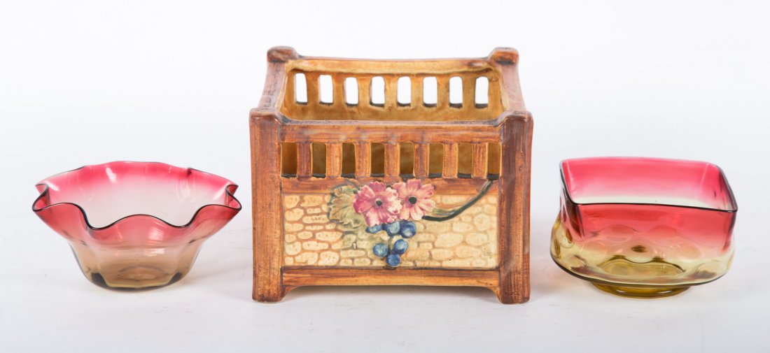 Weller "Klyro" pottery basket and 2 glass bowls (1 of 4)