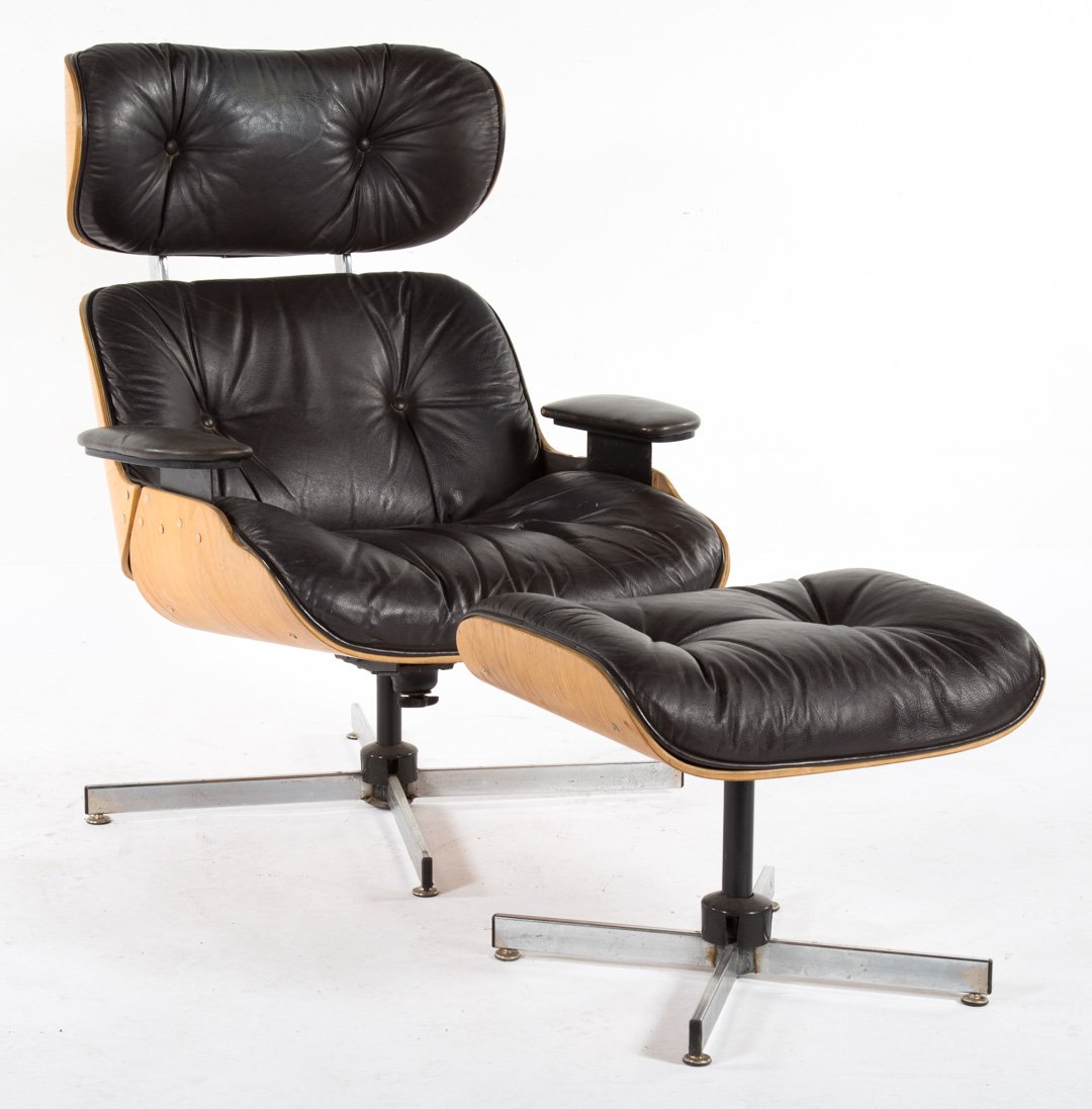 Mid-century modern leather upholstered armchair: Ray & Charles Eames, Selig Manufacturing; dark brown button upholstery, oak laminate frame, metal base