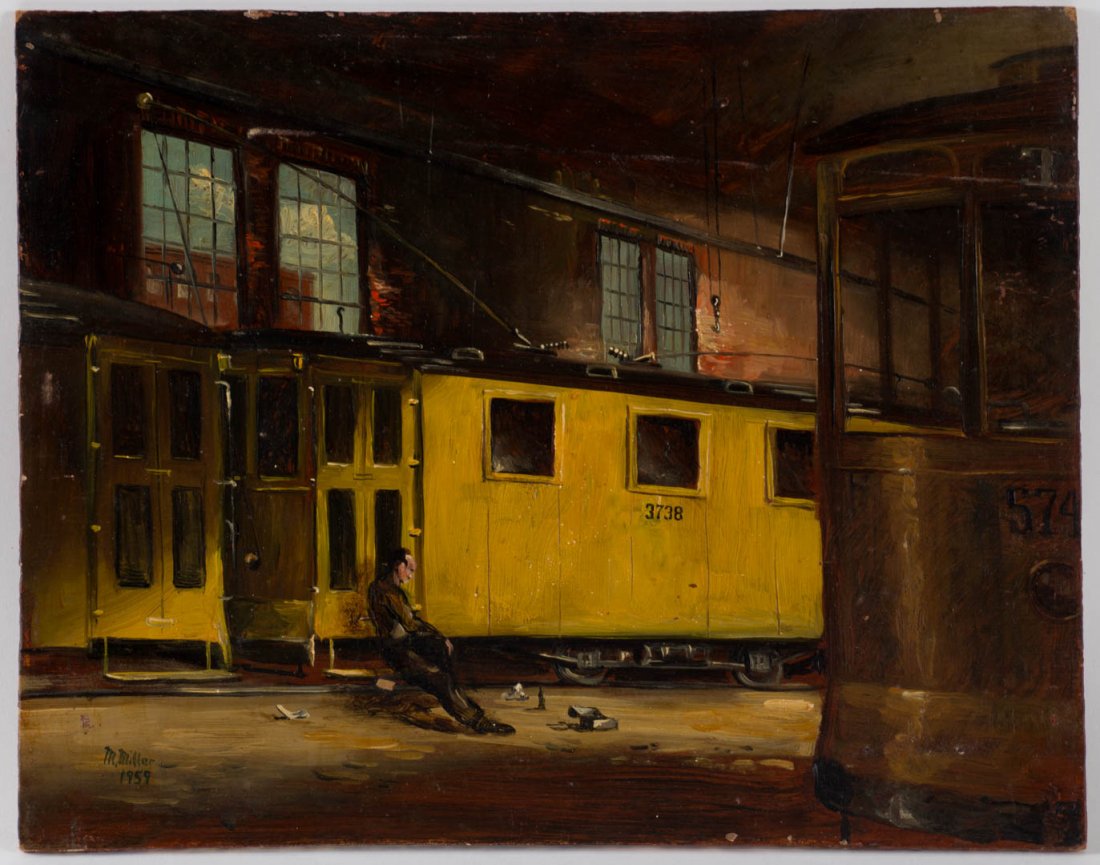Melvin Miller. Trollies in Garage, oil on masonite (1 of 4)