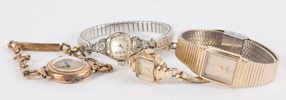 Four Lady's Wristwatches: including two â€œElgin," Bulova, and a Hydepark,