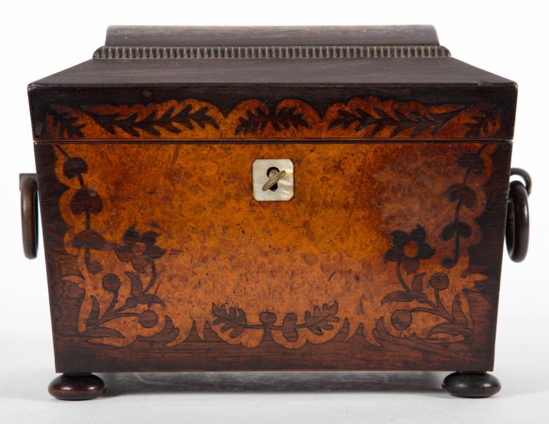 Regency burl walnut and rosewood tea caddy (1 of 5)