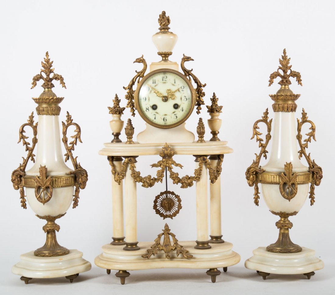 Gilt-metal and marble three-piece clock garniture (1 of 6)
