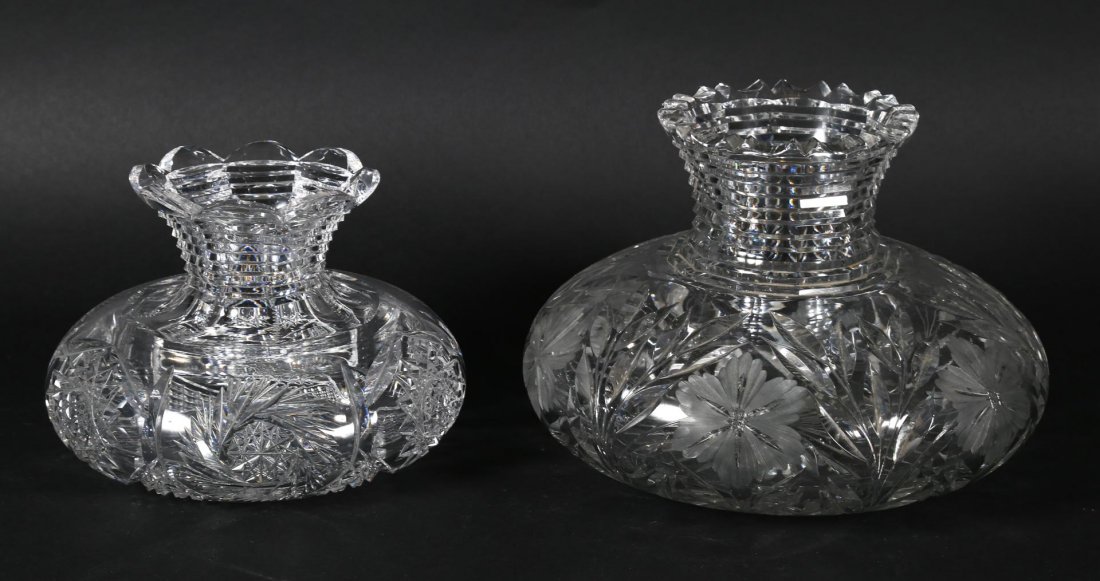 Two American cut glass cuspidors: late 19th/early 20th century; floral etched cuspidor, probably Pairpoint, 7 in. H., and Brilliant Star period cut crystal cuspidor, 6 in. H.