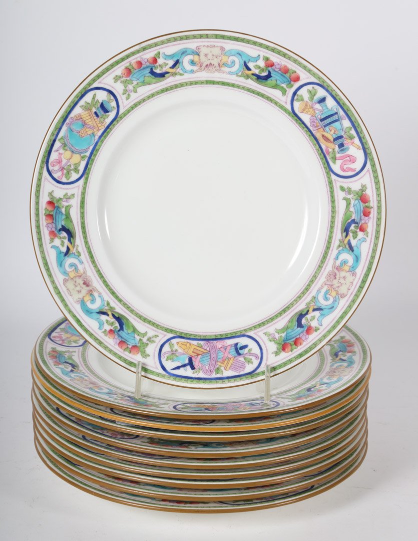 10 Minton china luncheon plates: early 20th century; with cornucopia and floral border, 9 in. Diam.