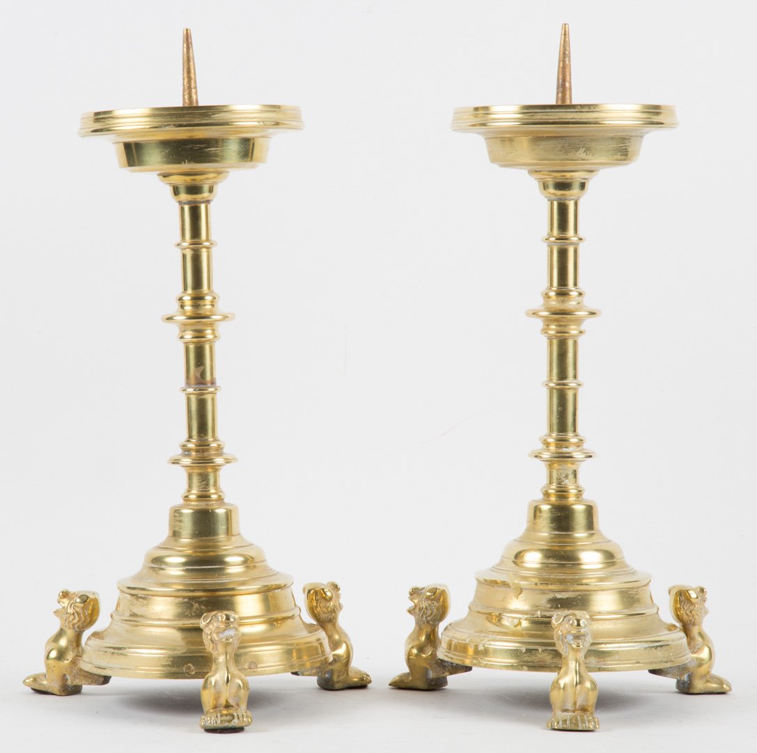 Pr Gothic manner cast-brass pricket candlesticks (1 of 5)