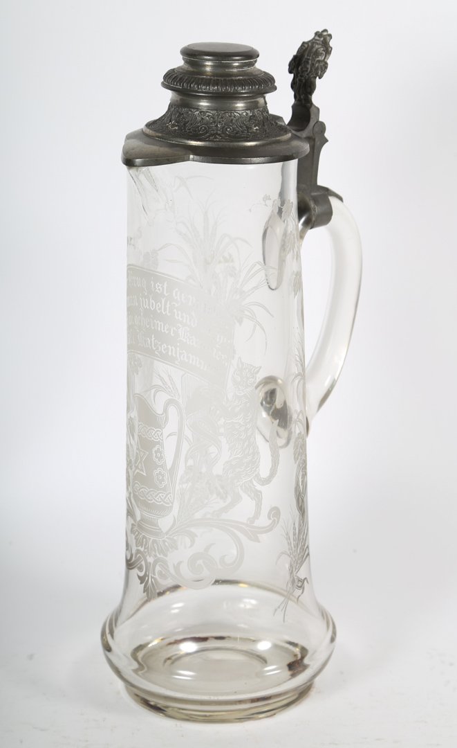 German pewter-mounted acid etched glass stein (1 of 3)