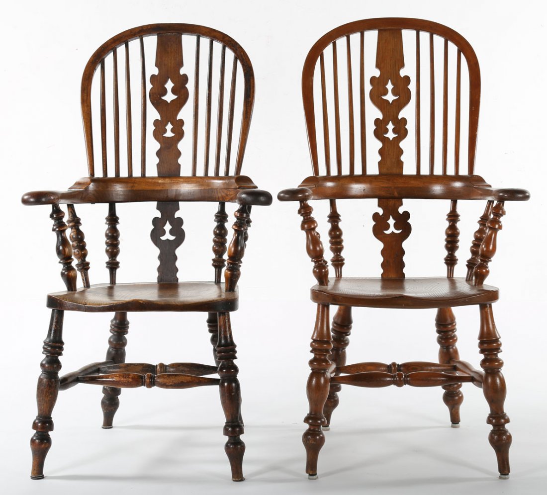 Pair Victorian carved elm wood Windsor armchairs (1 of 4)