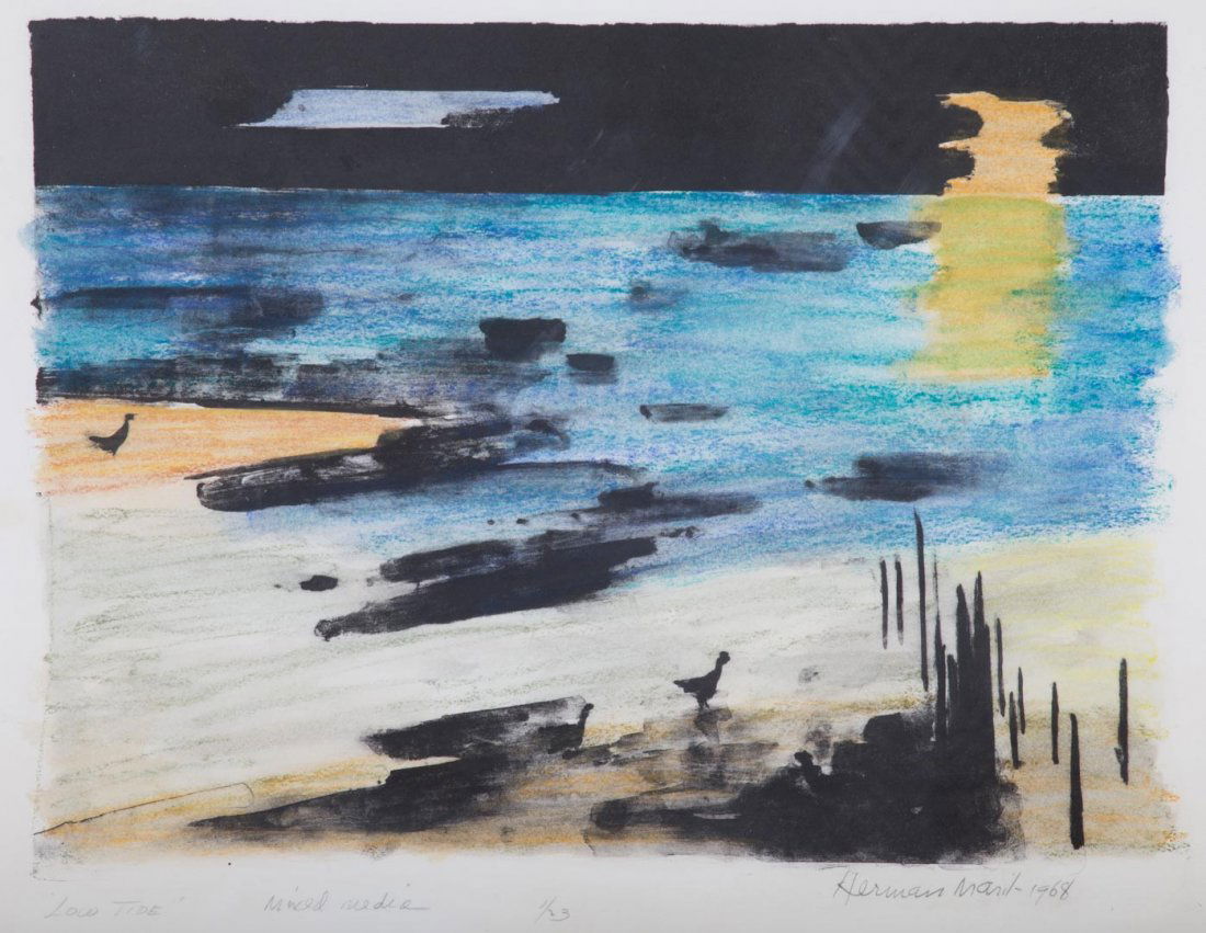 Herman Maril. "Low Tide," mixed media on paper: (American, 1908-1986). Ed. 1/23, signed and dated "Herman Maril, 1968" lr, titled ll, 12 1/2 x 17 1/4 in., framed