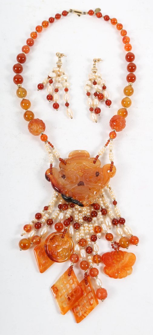 A Carnelian and Pearl Necklace and Earrings: 14K closures, necklace is 26"L, and earrings are approximately 2 1/2"L