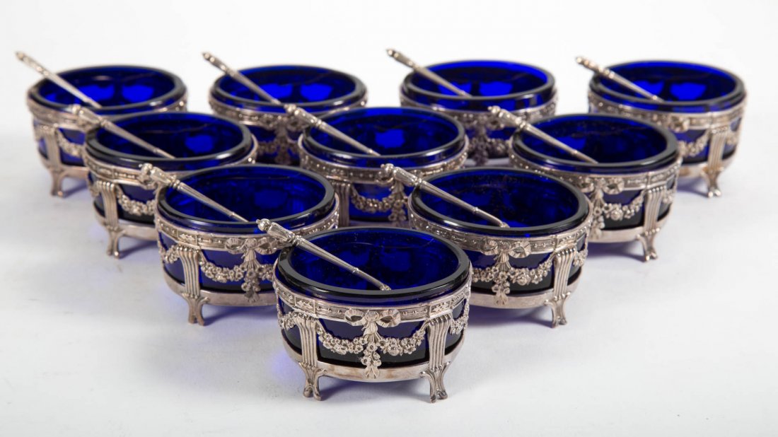 French silver oval salt cellars & spoons (1 of 7)