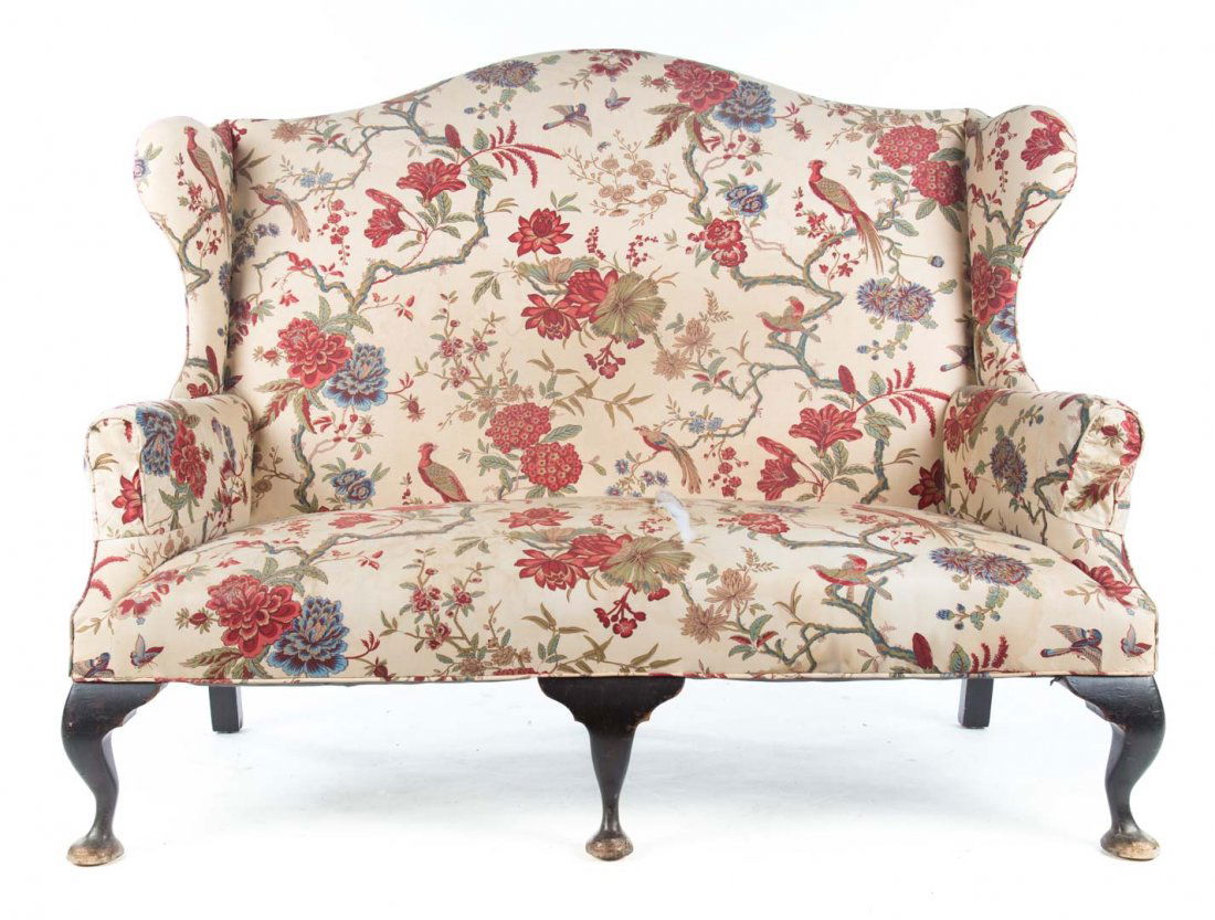 Queen Anne style upholstered mahogany settee (1 of 5)