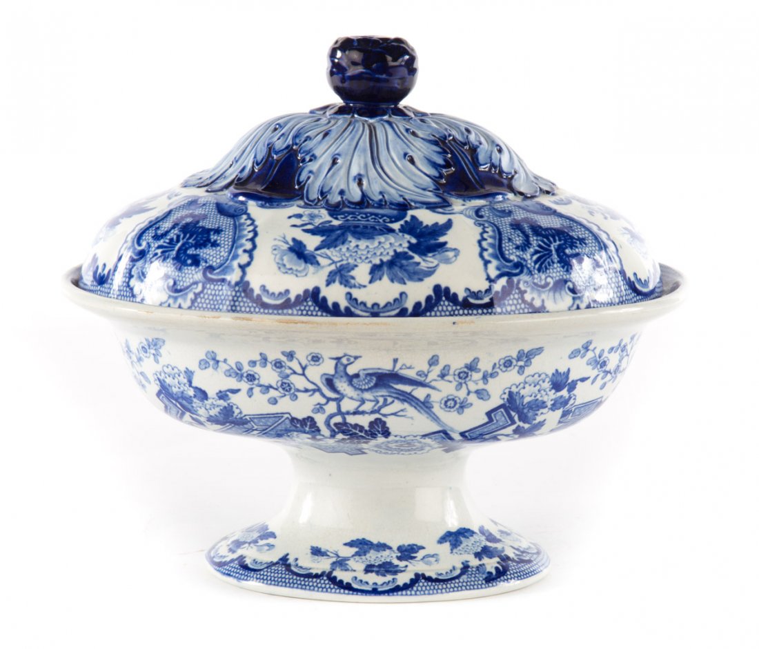 Staffordshire china covered egg coddler: second quarter-19th century; blue and white decorated oval footed dish with removable 6- pocket egg holder and salt dish, 9 in. H., 10 in. W.