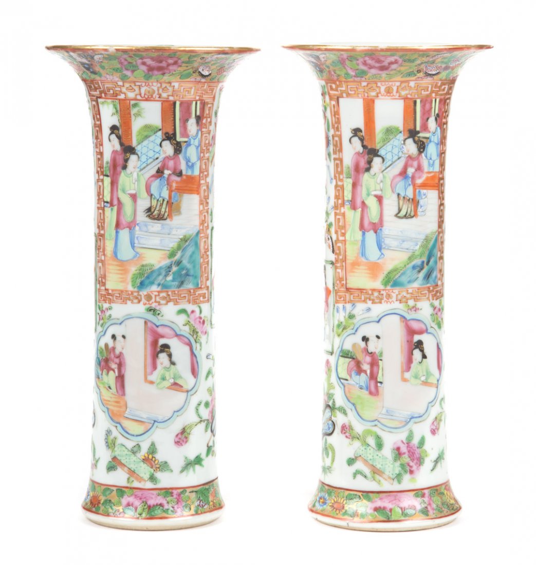 Pair Chinese Export Rose Mandarin trumpet vases (1 of 6)