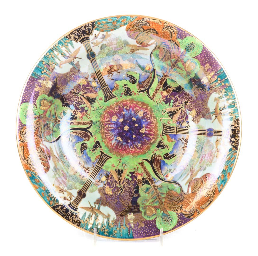 Wedgwood Fairyland lustre Torchere bowl: first quarter-20th century; elaborate scene of playful fairies in woodland grotto, with extensive gilding, stamp mark, marked "Z 4968," 11 in. Diam