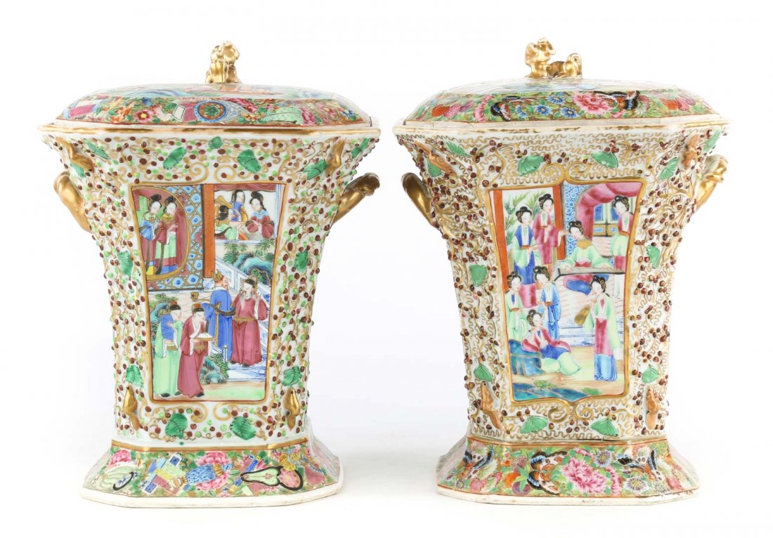 Pair Chinese Export Rose Mandarin bough pots (1 of 6)