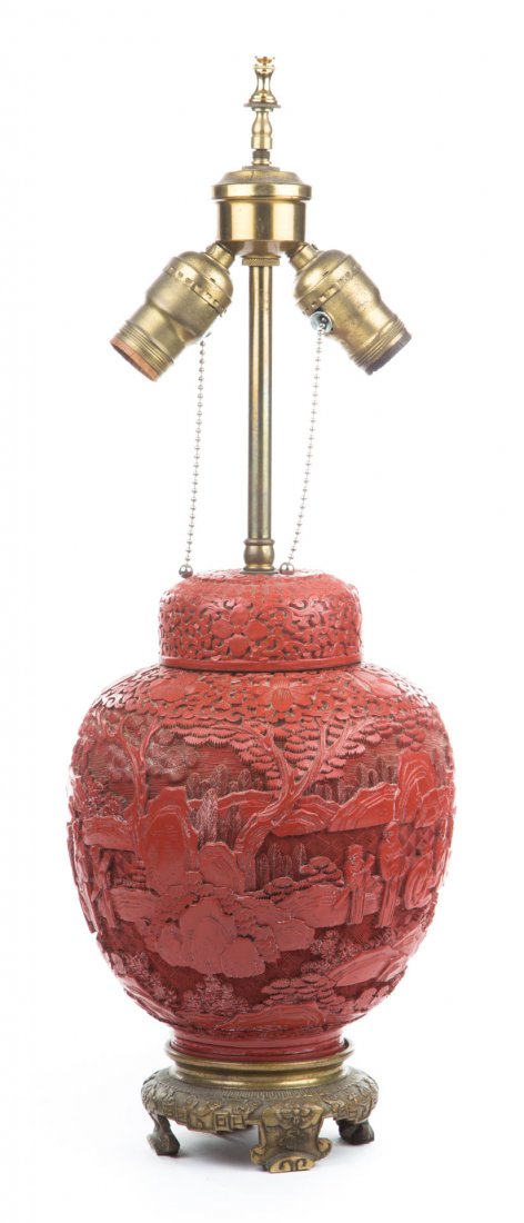 Chinese carved cinnabar lacquer ginger jar lamp (1 of 4)