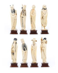 Set of 8 Daoist Carved Ivory Immortals: Chien Lung 18th century; each figure with symbolic object mounted on wood base, with wood fitted case, holding four figures, and leather carrying case, each approximately 11 in. H.