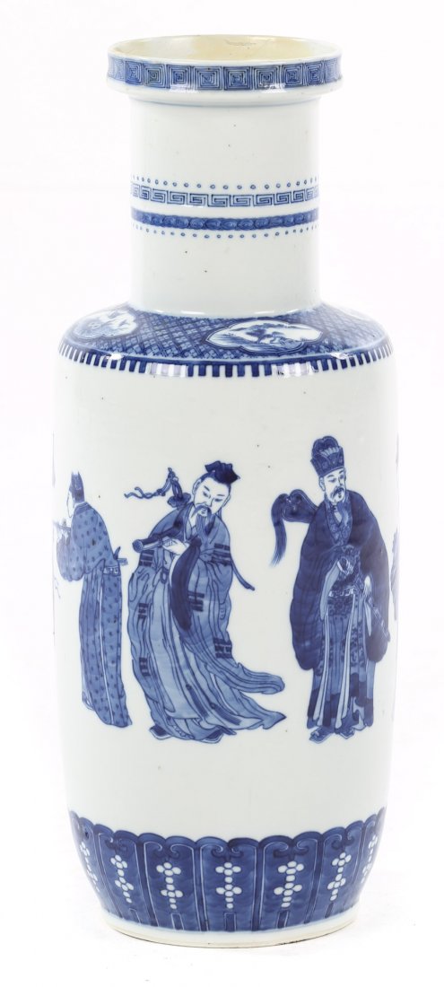 Chinese Export blue and white porcelain vase: fourth quarter-19th century; cross-hatch border with decoration of sages and other figures, stylized character mark underneath, 18 in. H.
