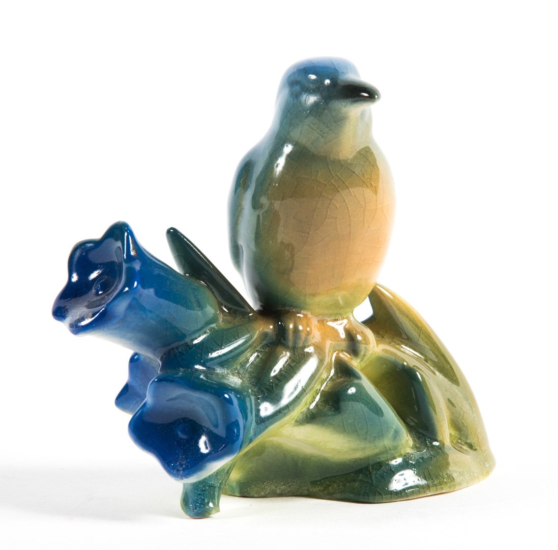 Rookwood pottery bird and flower figure: dated 1943; impressed marks, and dated "XLIII 6637," 5 in. H., 6 in. W.