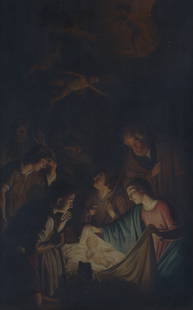 Donato Gugliei. Adoration of the Shepherds, oil: (Italian, late 19th century). After Gerrit Van Honthorst, called Gherardo delle Notti (Dutch, 1590-1656), oil on canvas, signed on verso, 23 1/2 x 15 in., framed