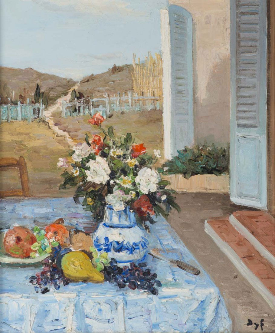 Marcel Dyf. Still Life on Balcony, oil on canvas: (French, 1899-1985). Signed "Dyf" lr, 21 3/4 x 18 1/4 in., framed