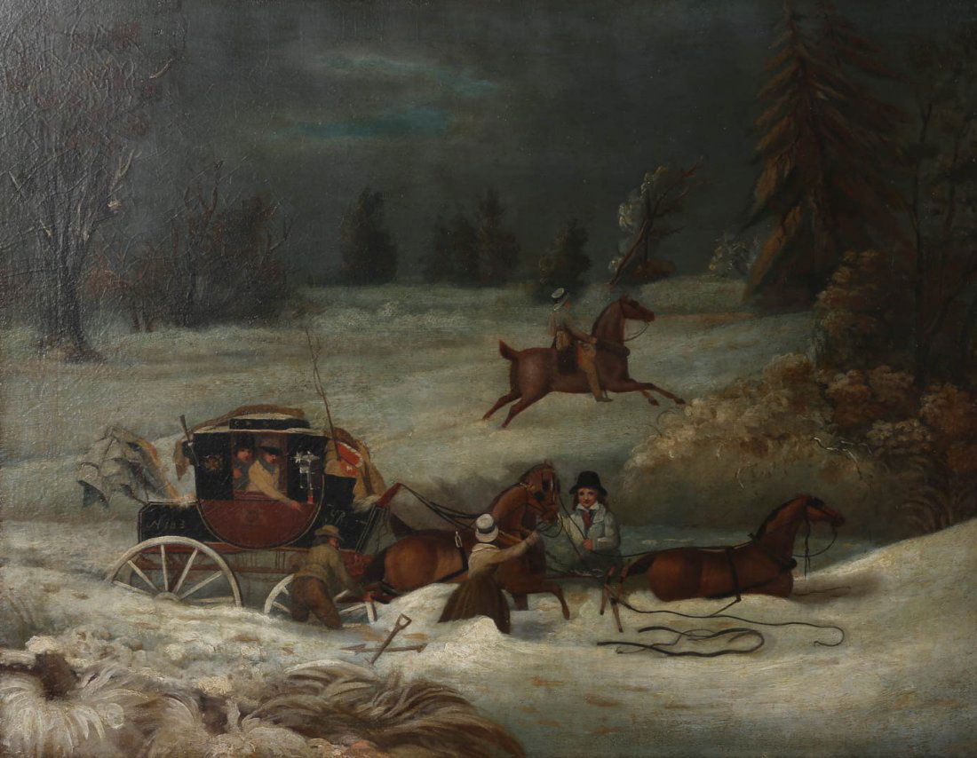 British School, 19th c. Coaching Scene, oil (1 of 3)