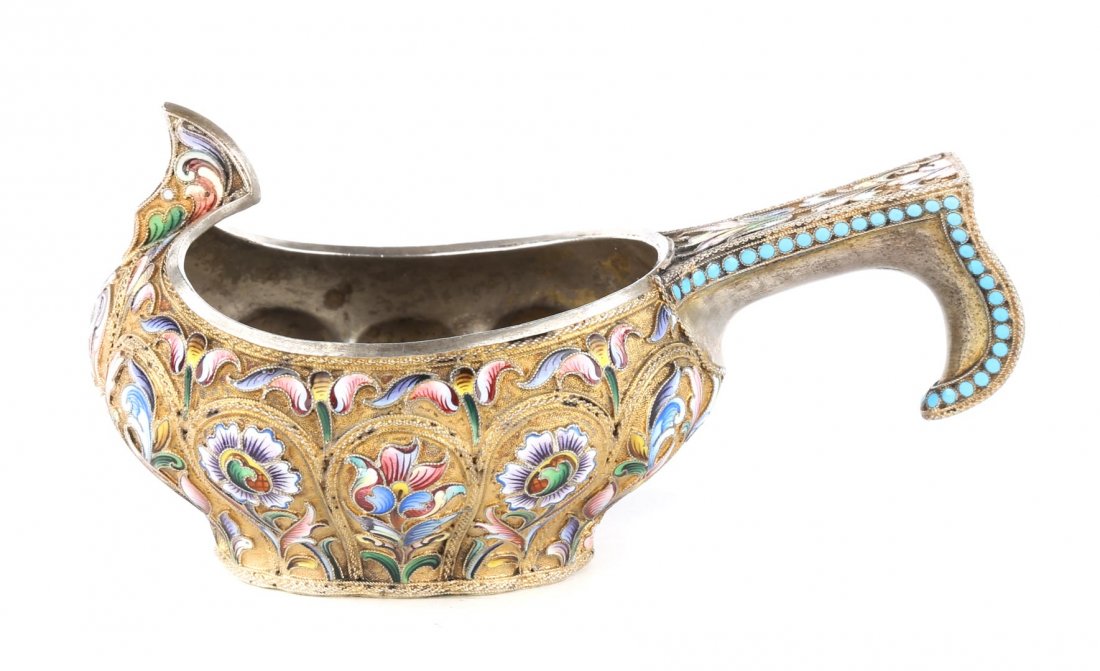 Russian cloisonne enamel silver-gilt kovsh (1 of 6)