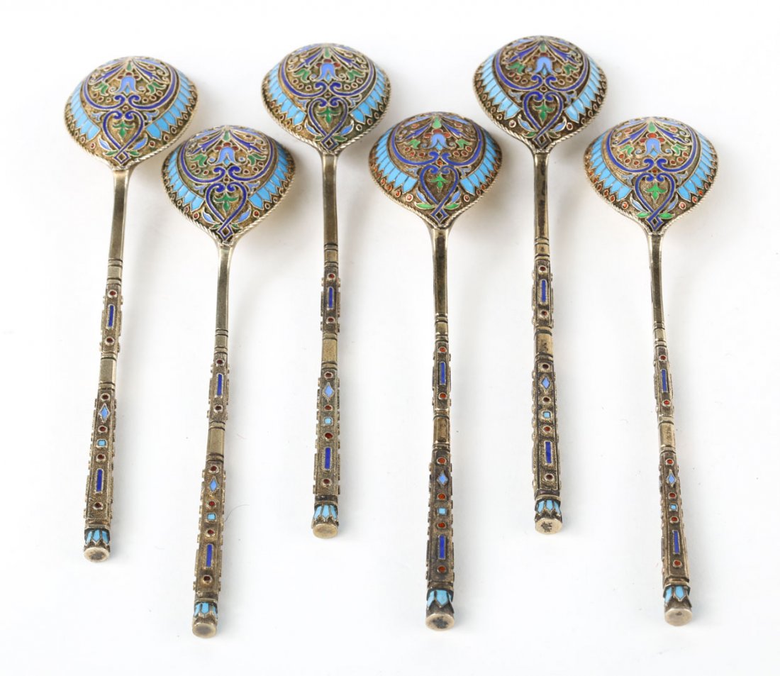 Russian cloisonne enamel silver dessert spoons: maker's mark of Gavriil Grachev, " St. Petersburg, 1866-1873, set of six spoons, 88 standard