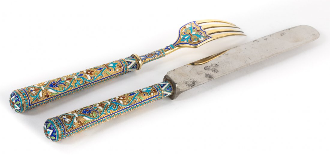 Russian cloisonne enamel silver knife & fork (1 of 5)