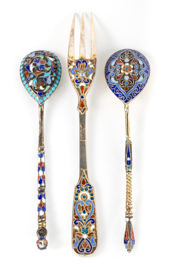Russian cloisonne enamel fork & two spoons (1 of 5)