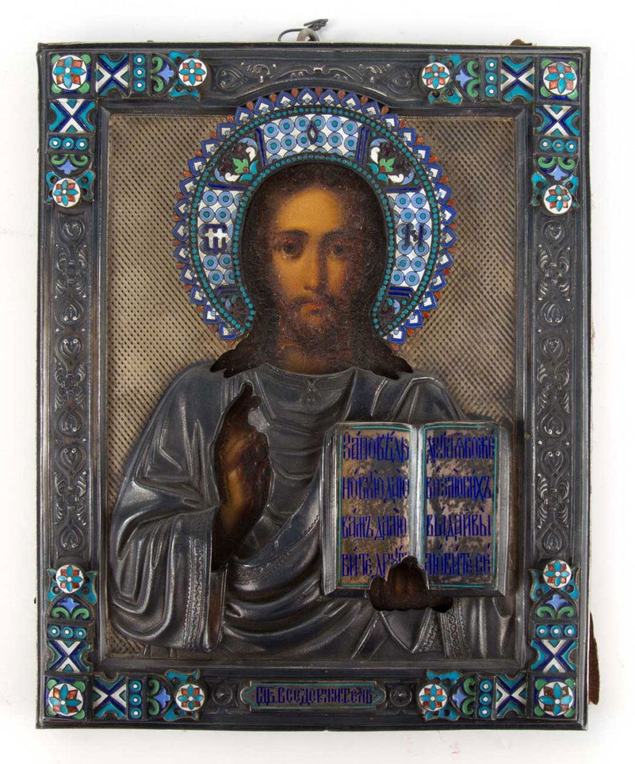 Russian Icon of Christ in enameled silver riza (1 of 5)