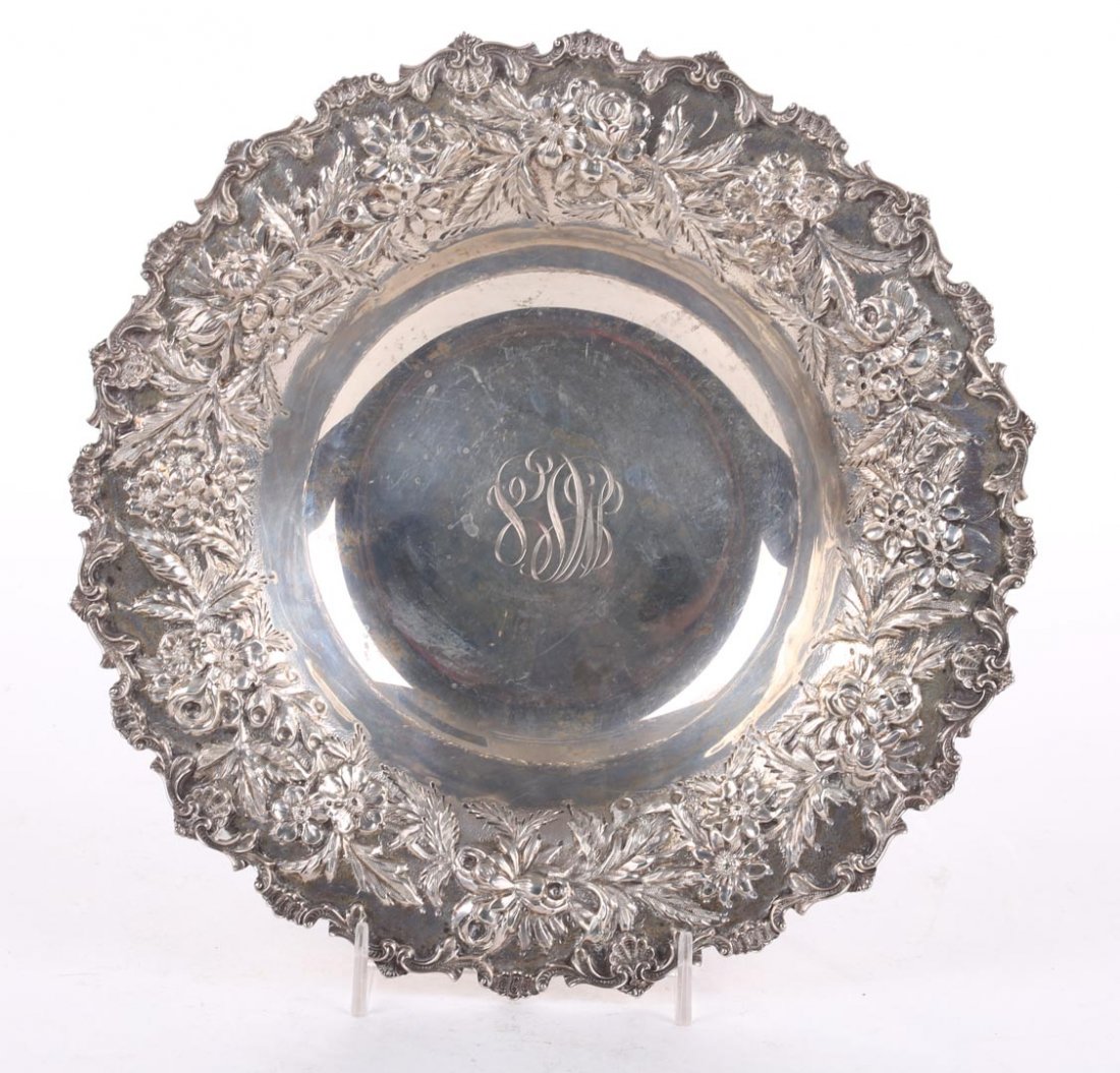 Kirk hand decorated sterling silver bowl: first half-20th century, foliated scroll rim, 9 1/2 in. Daim., 13.10 ozt.