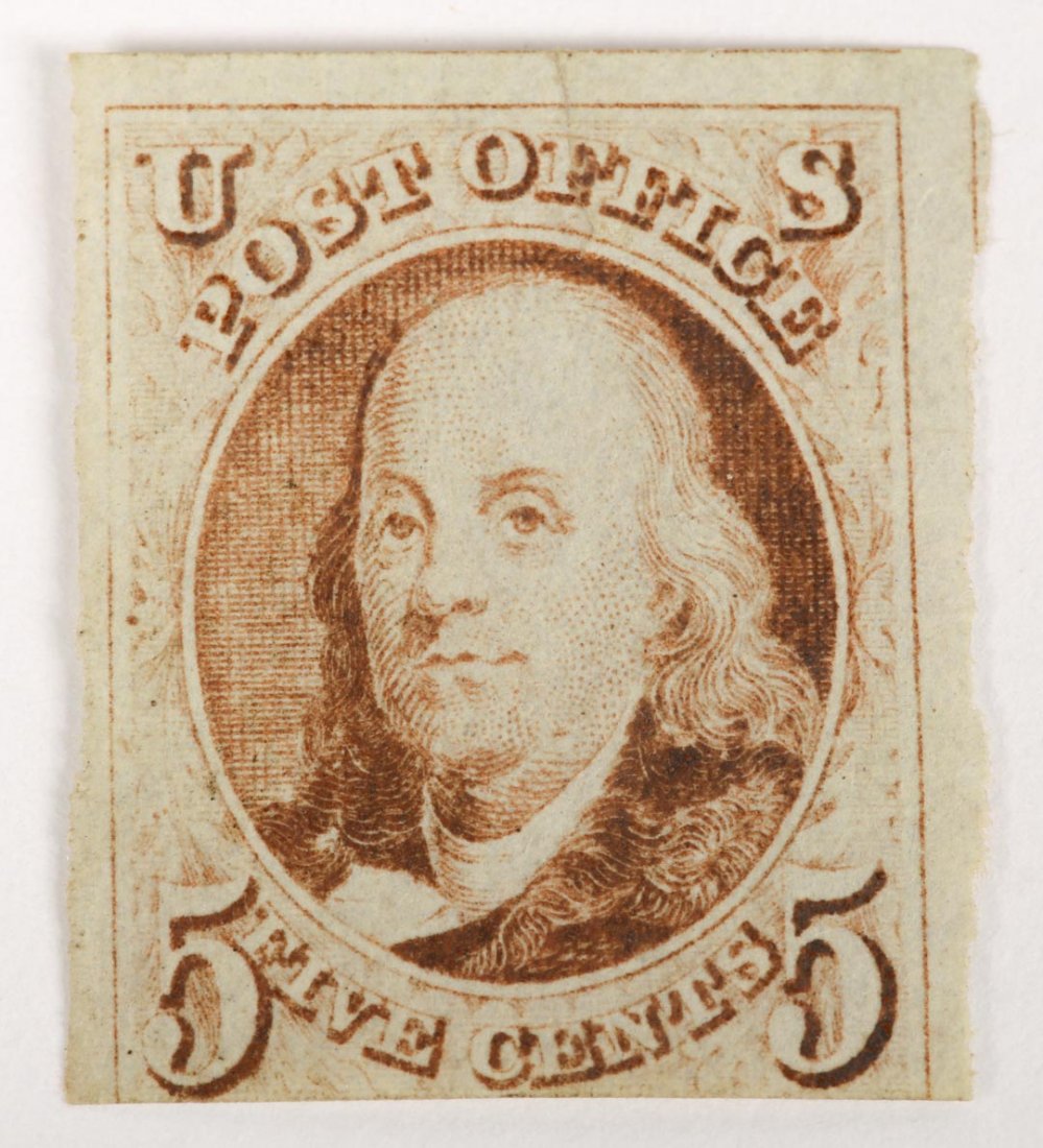 U.S. 5 c. red brown, issue of 1847 (Scott #1): Mint, restored gum. Clean repaired tear at top center. No hinge mark, however a slight line of glazing from a split back mount at mid height.