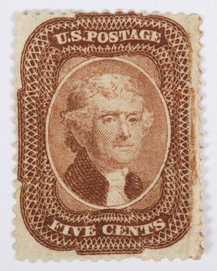 U.S. 5 c. brown, Type I, issue of 1857-'60: (Scott #29); unused, gum restored. The right edge and a small area at the left restored