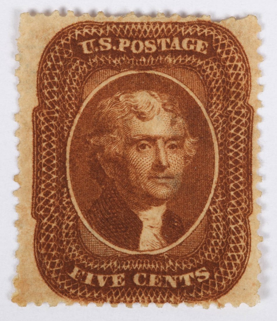 U.S. 5 c. orange brown, Type II, issue of 1857-'60: (Scott #30); unused, part original gum, heavily hinged. Gum yellowed, with major disturbance; some pencil notations verso. Some short perforations along the top.