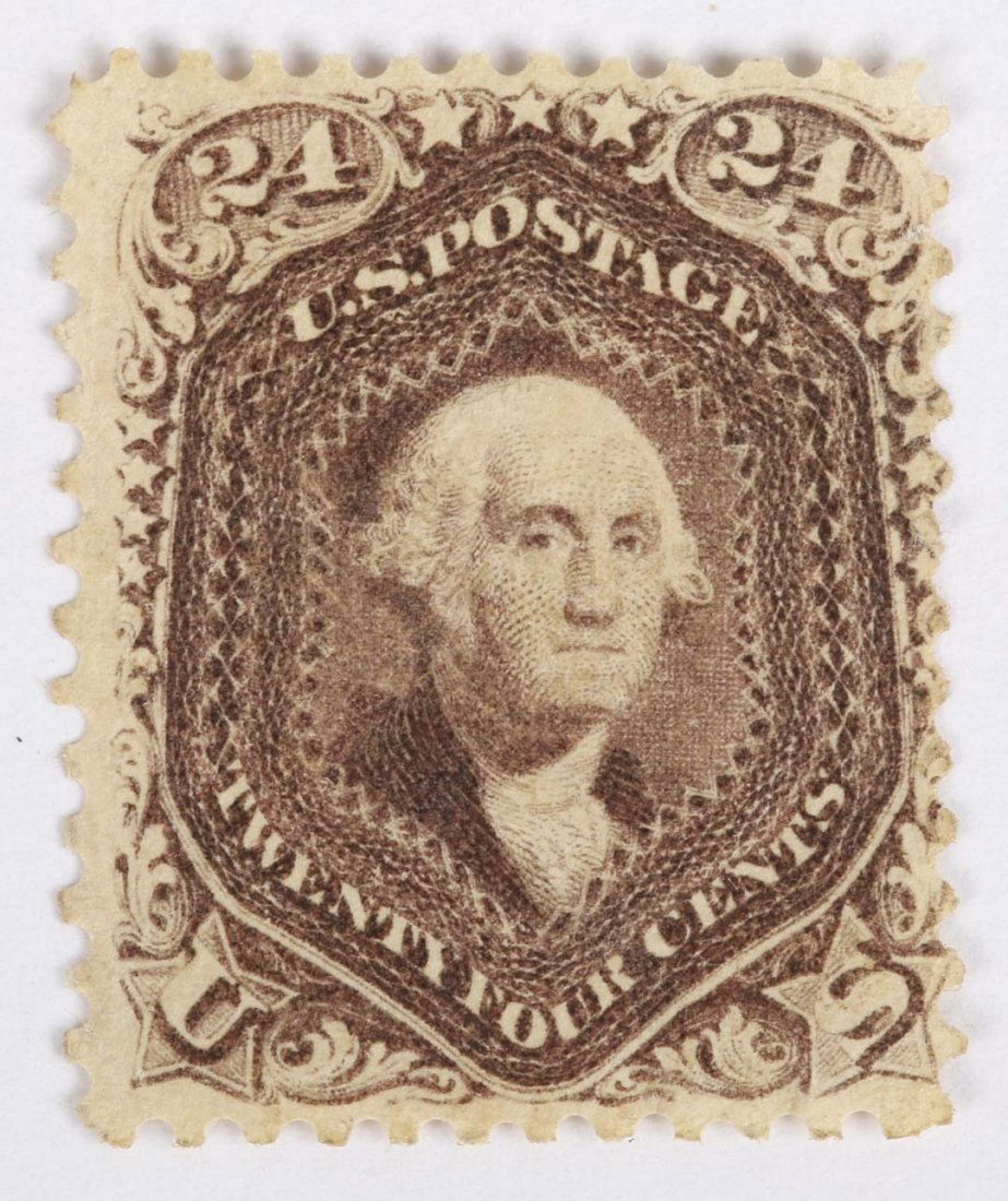 U.S. 24 c. red lilac, issue of 1861-'62: (Scott #70) unused, yellow crackled gum, no apparent hinge marks. There is a light vertical crease in the left margin.