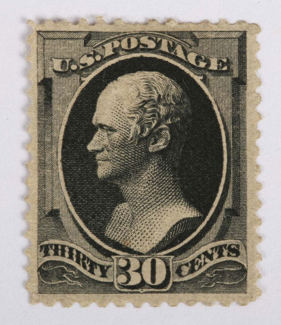 U.S. 30 c. gray black, with secret marks: issue of 1873 (Scott #165) unused, yellow gum, no apparent hinge mark. Wrinkle in the paper and light printer's ink stain, apparently a production flaw.
