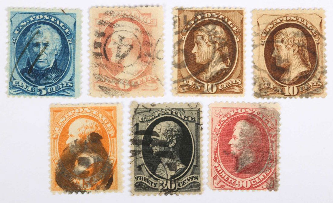 Seven U.S. stamps, issue of 1879 (Scott #185-191): All used, comprising: 5 c. (#185); 6 c. (#186) thinned, duplex cancel; 10 c., no secret mark (#187) registration cancel; 10 c., secret mark (#188) registration cancel; 15 c. (#189) cork cancel; 30 c.