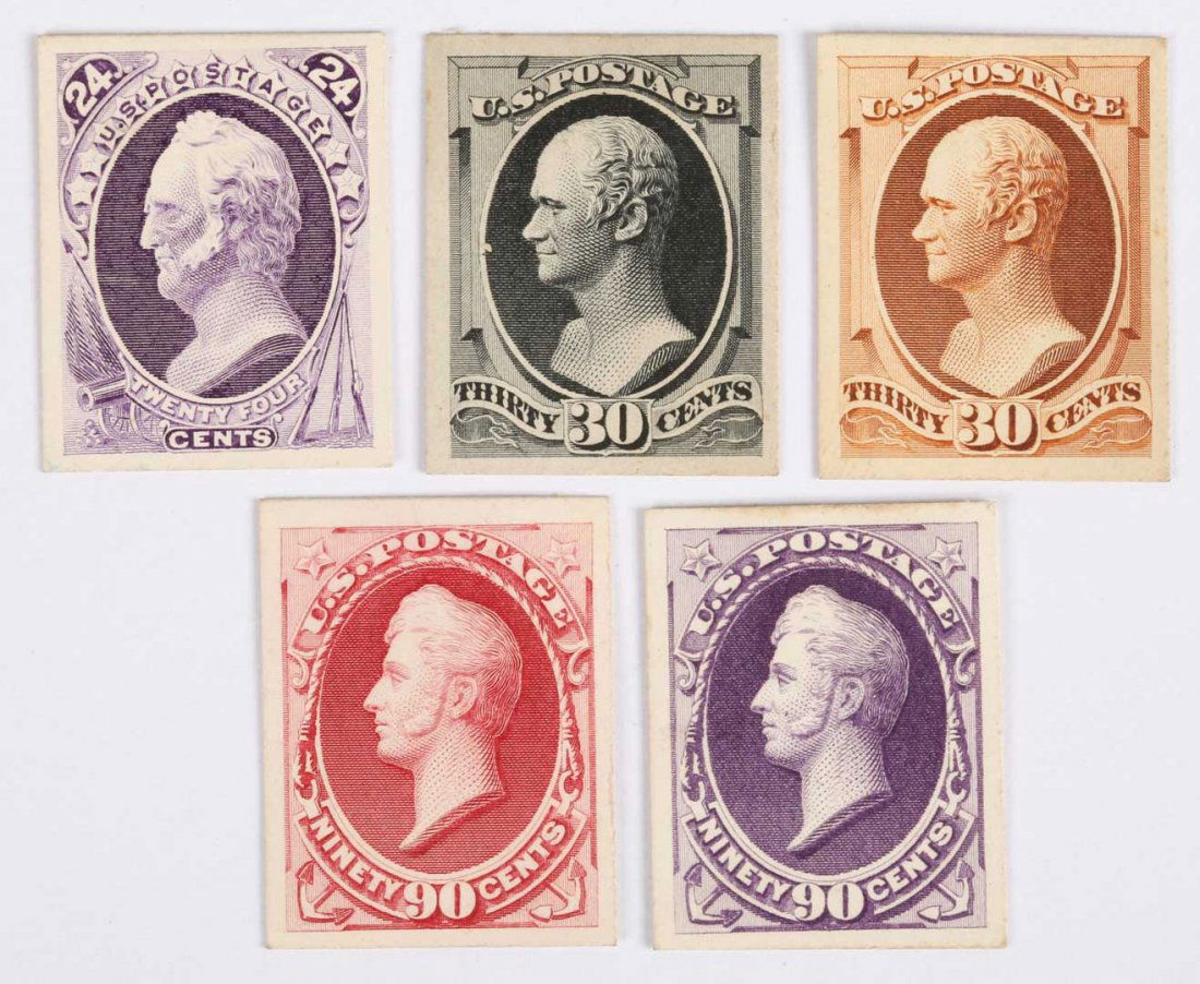 Five U.S. plate proofs, types of 1870-'82: mixed issues of the National and Continental Bank Note Co., some with secret marks, comprising major color varieties of the 24 c. through 90 c. Hinged.