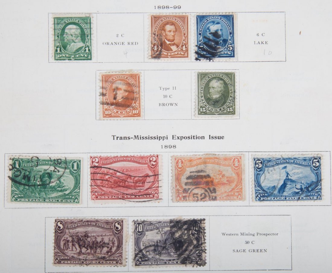 Collection of stamps of the world: housed in two Scott International Postage Stamp Albums, brown cloth bindings: Nineteenth Century (NY: 1919 copyright); and Twentieth Century: 1901-1920 (NY: 1920 copyright) moderately well filled, mos